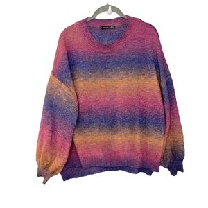 Black Tape Ombre Puff Sleeve Purple Blue Soft Crew Knit Sweater Pullover S